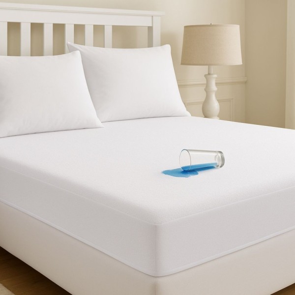 Protectie saltea frotir impermeabila alba 180x200 cm Deluxe Pucioasa cu laterale elastice