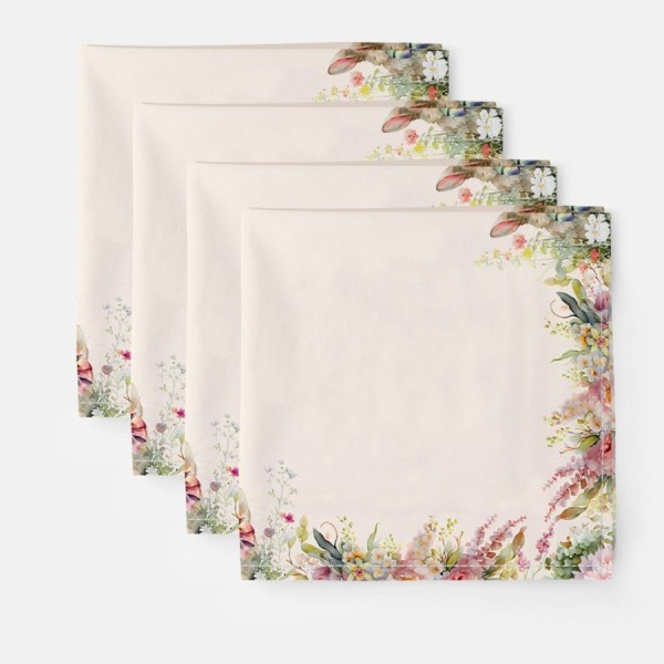 Șervet de masă din bumbac 45x45cm, set 4 bucăți, model Vinca cu iepurași și flori pastelate, decor elegant