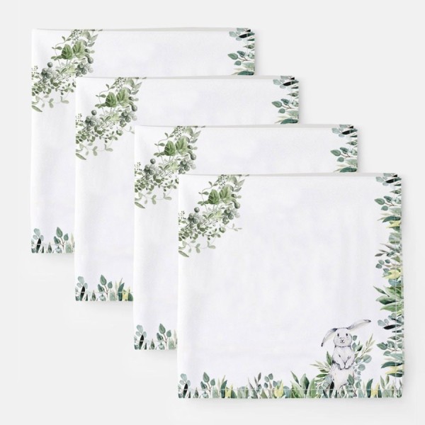 Șervet de masă din bumbac 45x45cm, set 4 bucăți, model Gizmo cu iepurași și frunziș verde, decor festiv pentru masa de Paște