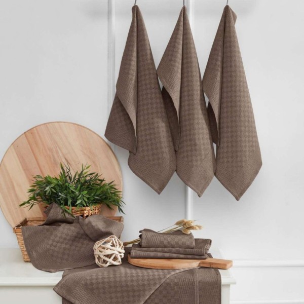 Set 10 prosoape bucatarie Lola maro 40x60 cm bumbac si poliester, in patratele