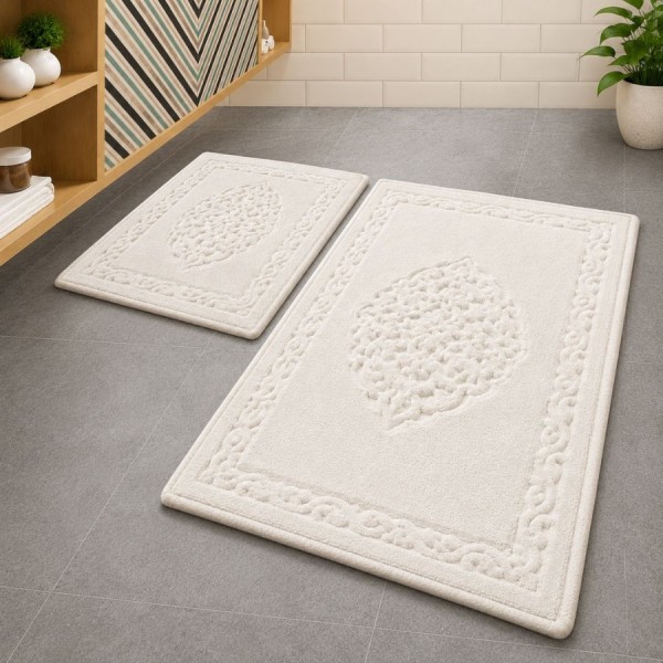 Set 2 covorase baie bumbac ChilaiHome Elite Ecru antiderapante cu model in relief