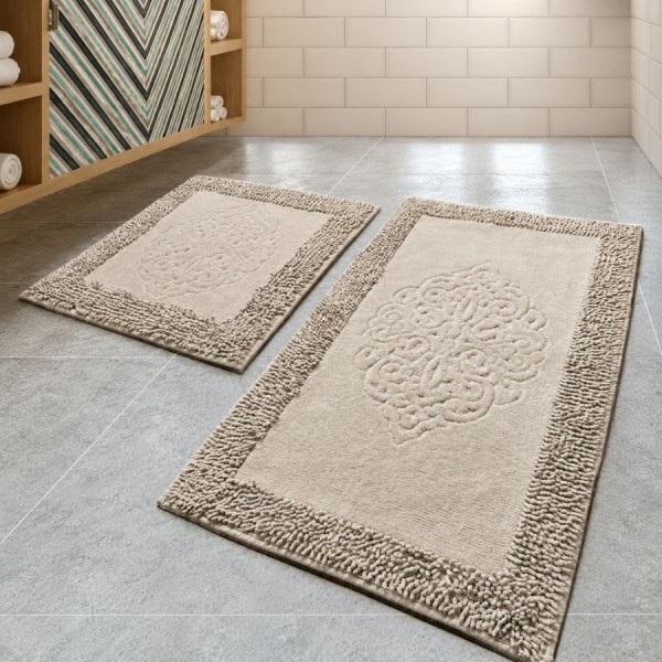 set 2 covorase baie bumbac Alessia Home Piante Bej cu model in relief si verso textil finisat