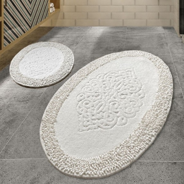 set 2 covorase baie ovale bumbac Alessia Home Piante Ecru cu model in relief si verso textil finisat