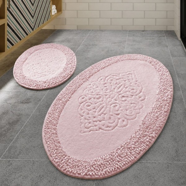 Set 2 covorase baie ovale bumbac Alessia Home Piante Roz cu model in relief si verso textil finisat
