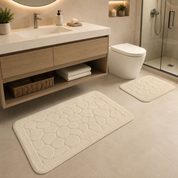 set 2 covorase baie bumbac parma  bej Tropik Home cu model embosat tip piatra