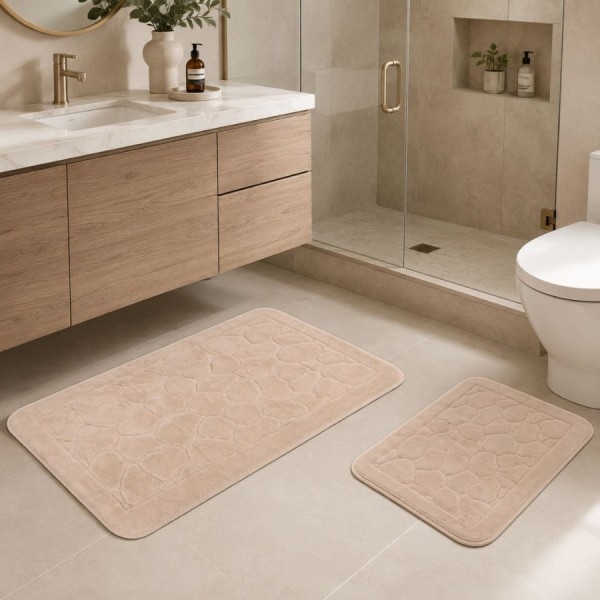 set 2 covorase baie bumbac parma cappuccino Tropik Home cu model embosat tip piatra