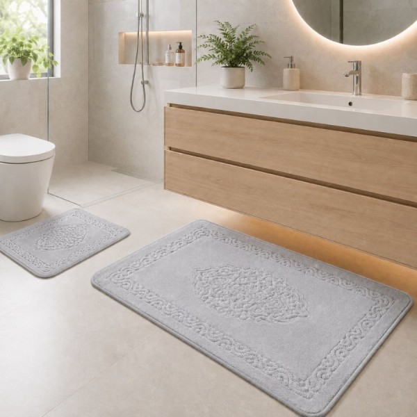 set 2 covorase baie bumbac Elite Gri Tropik Home cu model embosat si bordura decorativa