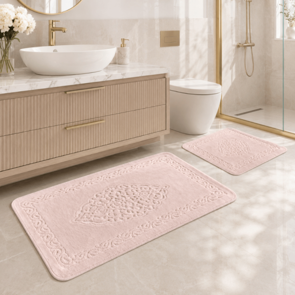 set 2 covorase baie bumbac Elite Roz Pudra Tropik Home cu model embosat si bordura decorativa