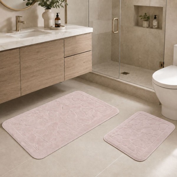 set 2 covorase baie bumbac Parma Roz pudra Tropik Home cu model embosat tip piatra