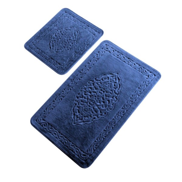 Set 2 covorase baie Tropik Home Elite albastru din bumbac cu model embosat, dimensiuni 60x100 si 50x60 cm