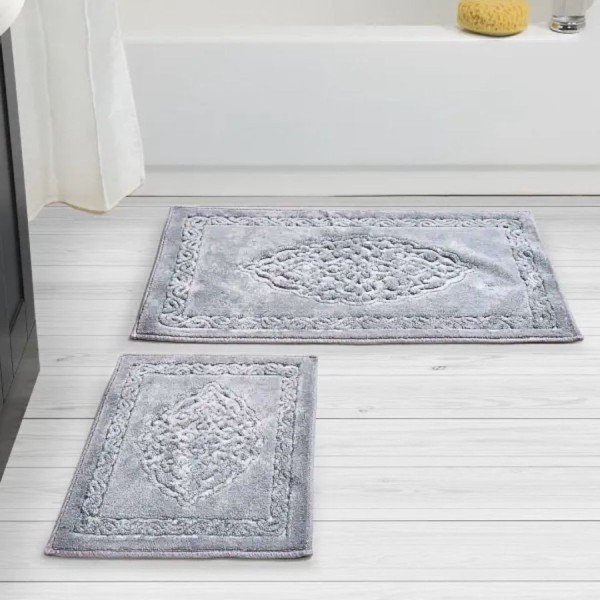 Set 2 covorase baie Tropik Home Elite gri din bumbac cu model embosat, dimensiuni 60x100 si 50x60 cm