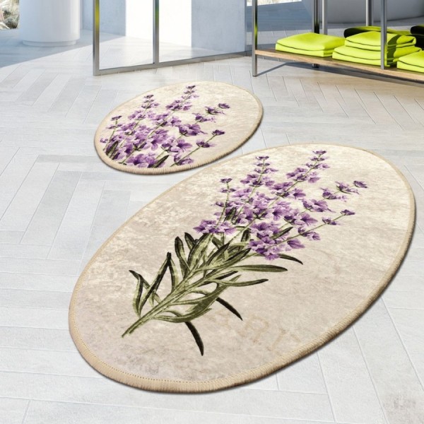Set 2 covorase baie ovale Chilai Home Lavanda antiderapante cu model floral mov pe fundal crem