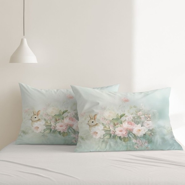 Set 2 fete perna 3D 50x70 bumbac 100% ranforce Romeo 3D floral verde menta cu iepurasi imprimeu digital