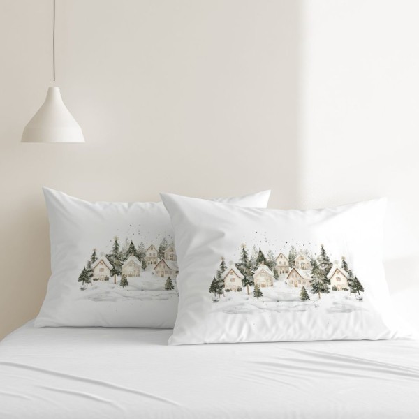 Set 2 fete perna craciun snowy bumbac 100 ranforce cu brazi si casute