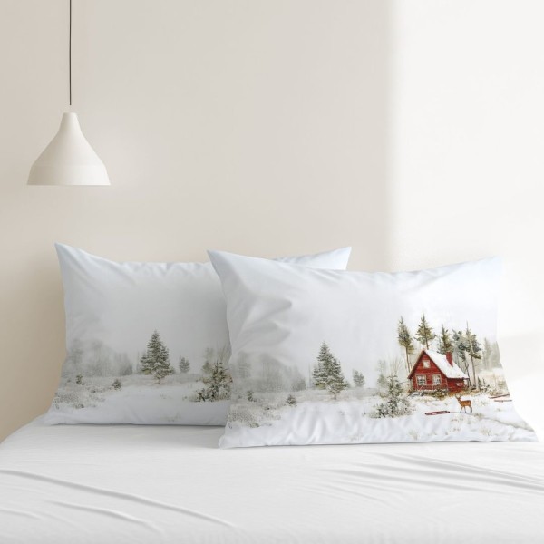 Set 2 fete de perna craciun glow bumbac 100% 50x70cm cu cabana si peisaj de iarna