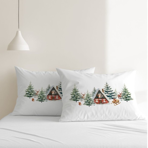 set 2 fete de perna craciun cabin 50x70cm bumbac 100% cu cabane si brazi