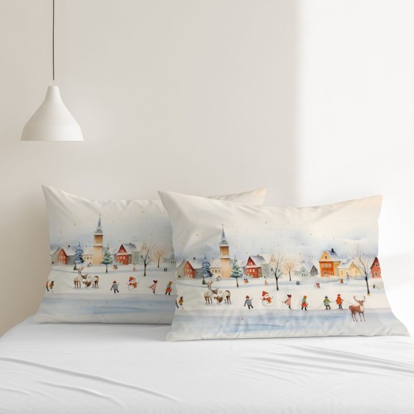 Set 2 fete de perna craciun joy bumbac 100% 50x70cm cu peisaj de iarna
