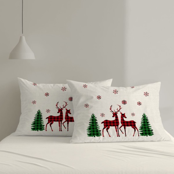 Set 2 fete de perna Craciun Santa 50x70cm din bumbac 100% cu reni si brazi