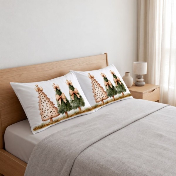 Set 2 fete de perna Craciun Leo 50x70 cm cu trei brazi verzi si bej, fundite champagne si stelute aurii
