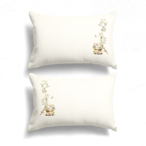 Set de 2 fețe de pernă 50x70 cm, model YoYo 3D, cu imprimeu digital cu iepurași printre flori de mar, pe fundal alb.