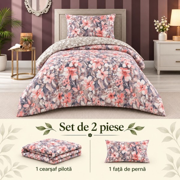 Set 2 piese Joly Ecru floral cu flori roz somon si gri, cearsaf pilota 160x220 cm si fata de perna 50x70 cm