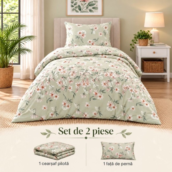 Set 2 piese Nevada Mint cu flori albe si roz pal pe fond verde menta, cearsaf pilota 160x220 cm si o fata de perna