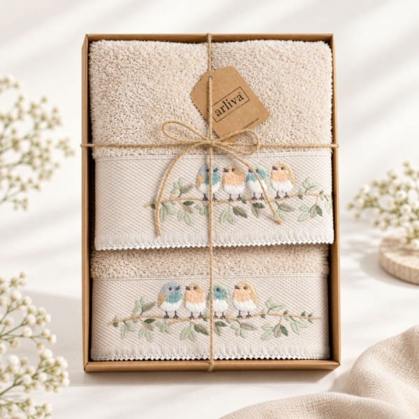Set 2 prosoape bej Arliva Home din bumbac 100% cu broderie pasarele, ambalate in cutie