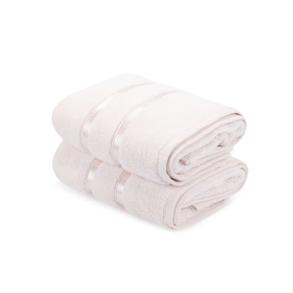 Set 2 prosoape bumbac 100% microcoton crem, Hobby Home cu dungi satinate