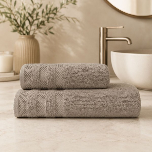 Set 2 prosoape baie bumbac 100% terry 500 GSM Rabi bej nisipiu cu bordura texturata