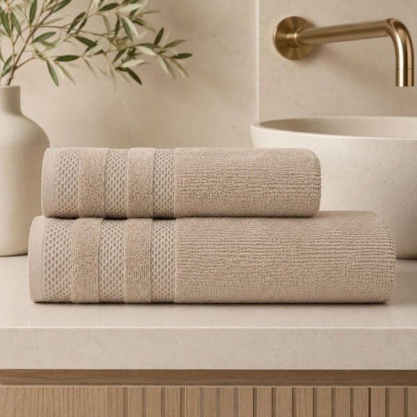 Set 2 prosoape baie bumbac 100% terry 500 GSM Rabi Bej cu bordura texturata