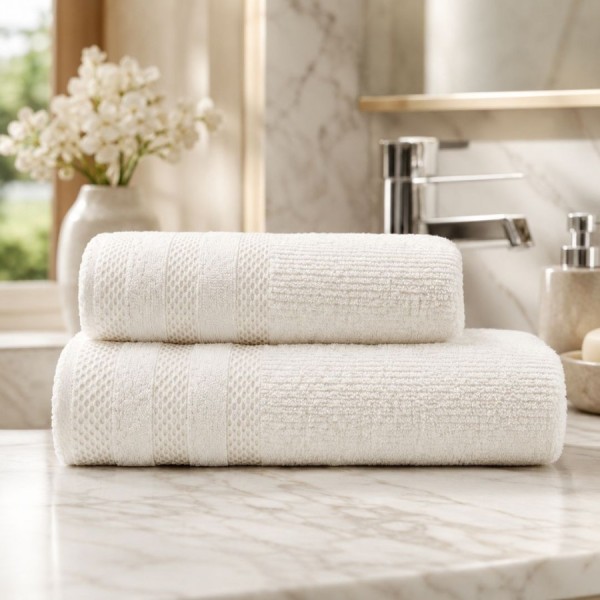 Set 2 prosoape baie bumbac 100% terry 500 GSM Rabi crem cu bordura texturata