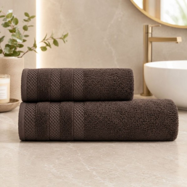 Set 2 prosoape baie bumbac 100% terry 500 GSM Rabi maro cu bordura texturata