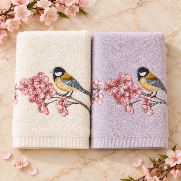 Set 2 prosoape Arliva Home 50x90 cm, ecru si lila, cu broderie pasarele galbene si flori de cires roz