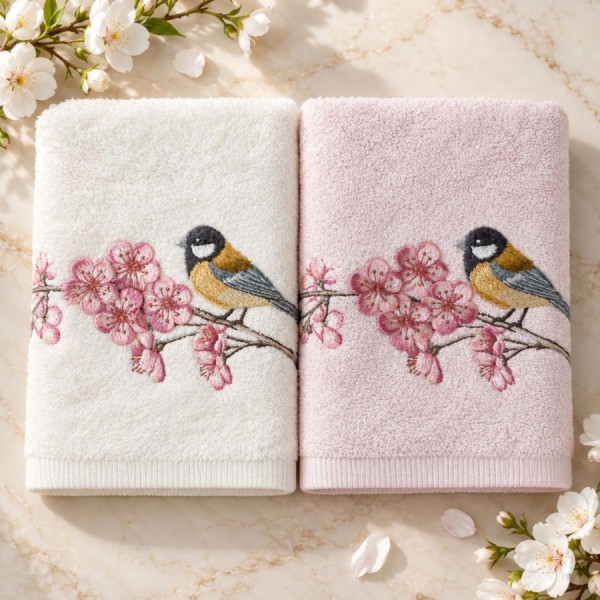 Set 2 prosoape Arliva Home 50x90 cm, ecru si roz pastel, cu broderie pasarele galbene si flori de cires roz