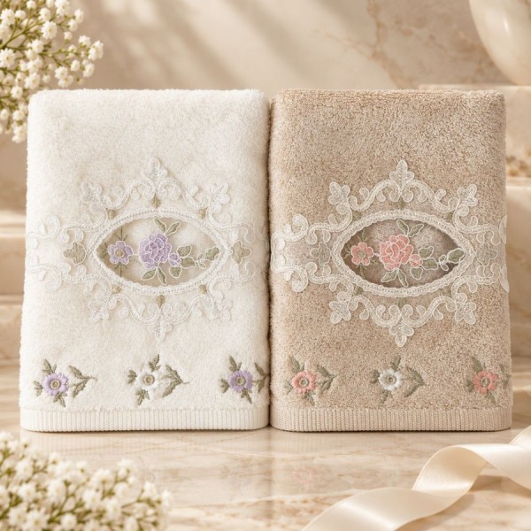 Set 2 prosoape Arliva Home 50x90 cm, ecru si bej, cu broderii florale lila si roz-somon si dantela decorativa