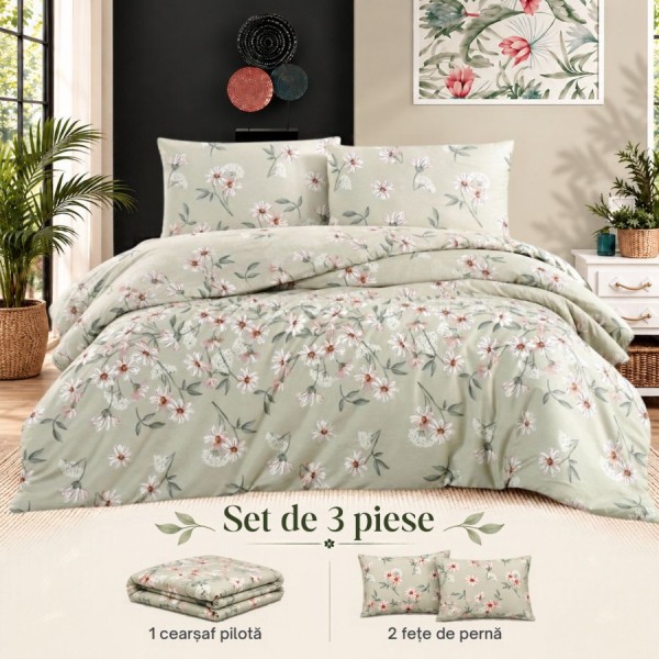 Set 3 piese Nevada Mint verde menta cu flori albe si roz, cearsaf pilota si 2 fete de perna