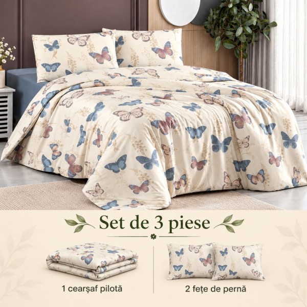 Set 3 piese Elery bej cu fluturi albastri si roz, cearsaf pilota 220x240 cm si 2 fete de perna