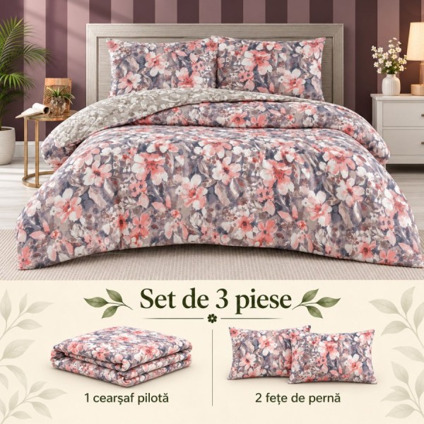 Set 3 piese Joly Ecru Homesko cu flori roz somon si gri, cearsaf pilota 220x240 cm si 2 fete de perna