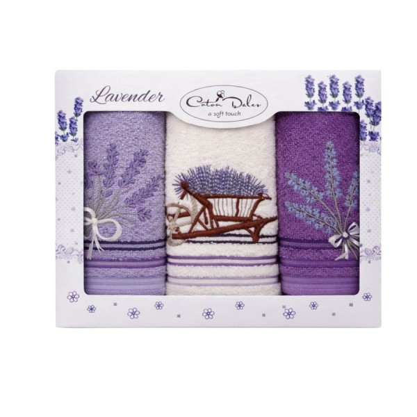 Set 3 prosoape bucatarie bumbac 100% cu broderie Lavanda mov si crem in cutie cadou eleganta