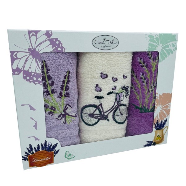 Set 3 prosoape bucatarie bumbac 100% cu broderie lavanda si bicicleta, culori mov si alb