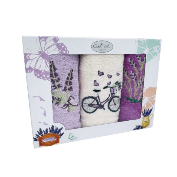 Set 3 prosoape bucatarie bumbac 100% cu broderie lavanda si bicicleta, culori mov si alb