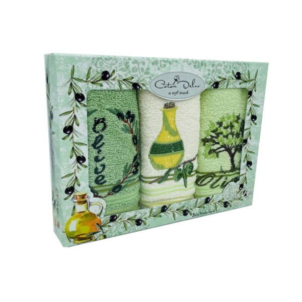 Set 3 prosoape bucatarie bumbac 100% cu broderie Olive Oil verde si crem 30x50 cm in cutie eleganta