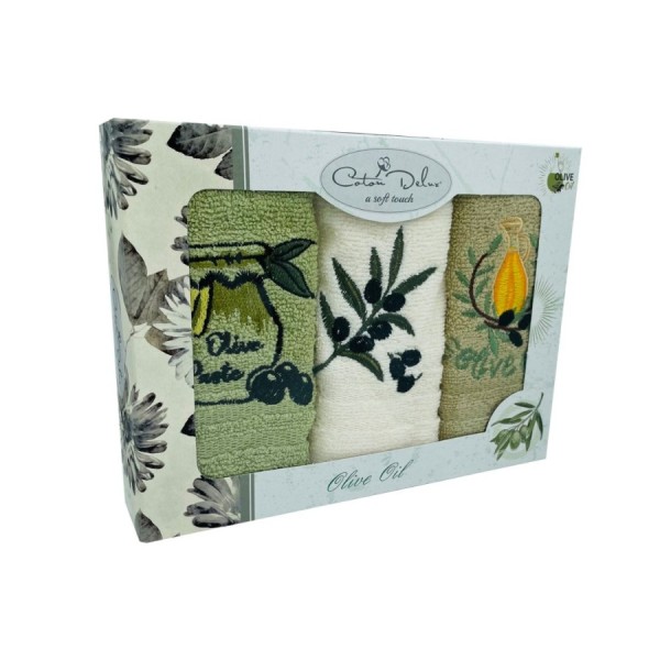 Set 3 prosoape bucatarie bumbac 100% cu broderie Olive Oil verde si crem 30x50 cm in cutie eleganta