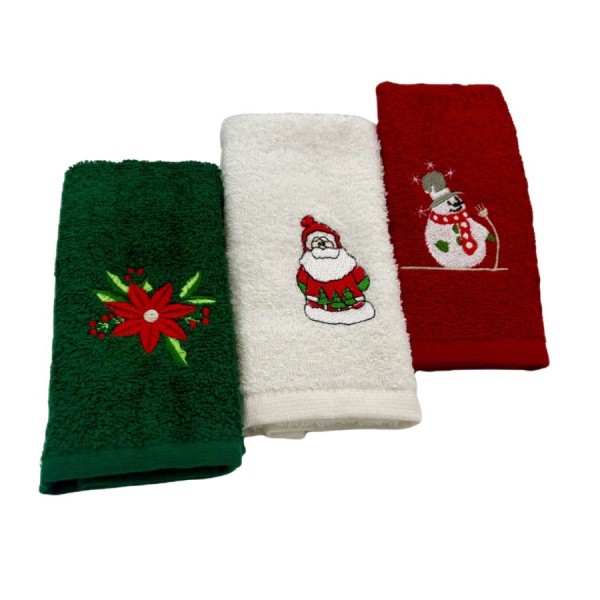 set 3 prosoape bucatarie Craciun bumbac 100% cu broderii floare Mos Craciun si om de zapada