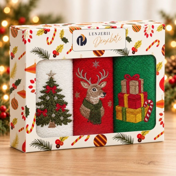 Set 3 prosoape Bucuria Craciunului, alb, rosu si verde, cu broderii brad, ren cu fular si cadouri, in cutie festiva
