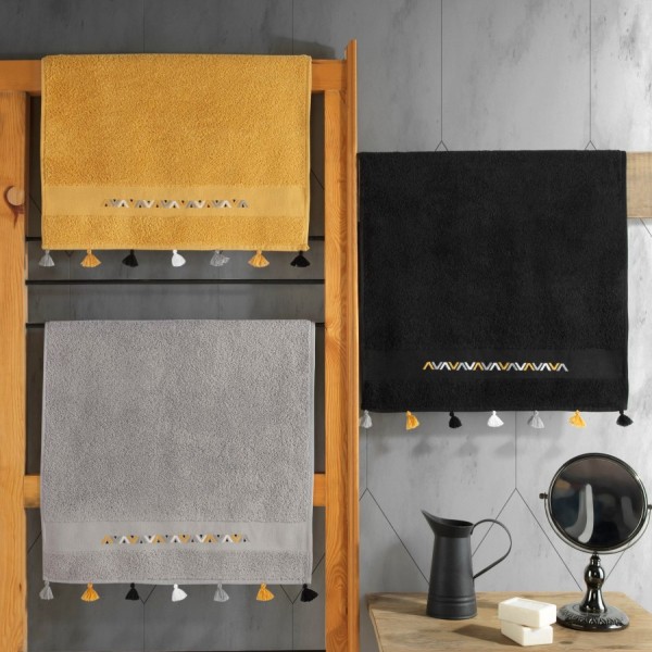 Set 3 prosoape bumbac 100%, cu ciucuri si broderie, HAVLU ASORTI 4 Black