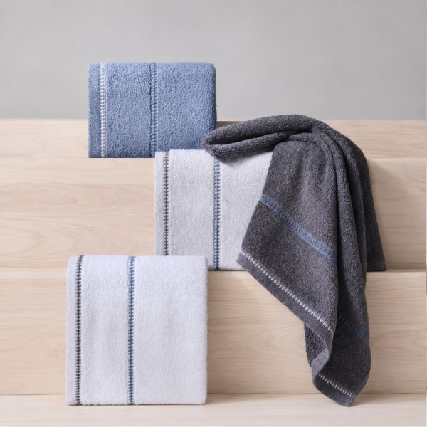 set 4 prosoape Profundo 50x90 cm din bumbac 100%, in nuante de bleu, gri, alb si gri inchis cu bordura contrastanta