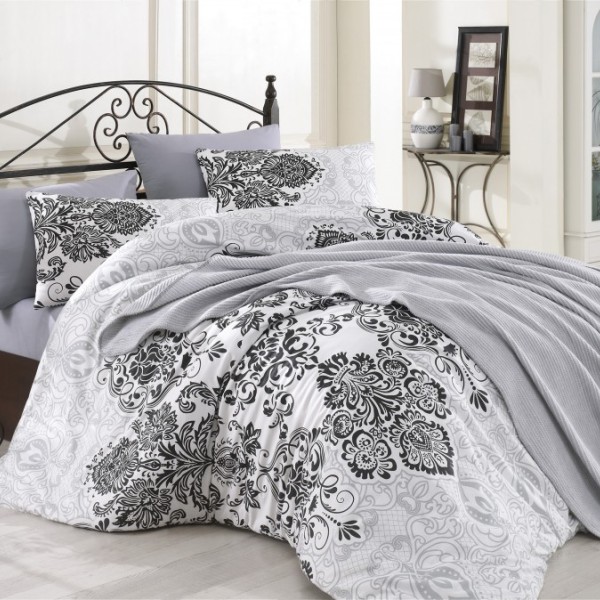 Set 5 piese, lenjerie de pat + patura, Nazenin Home, Luxury Gri