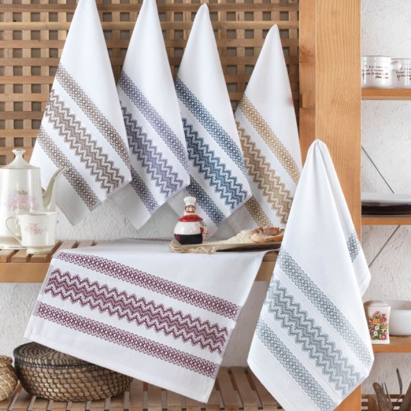 Set 6 prosoape bucatarie Efesto Saheser bumbac 100% jacquard 40x60 cm cu motive geometrice