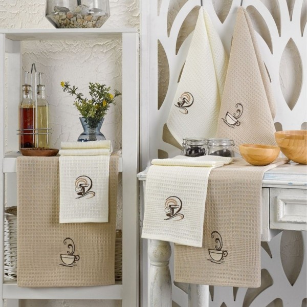 Set 6 prosoape bucatarie cu broderie cu cafea, 40x60cm, Eponje Home